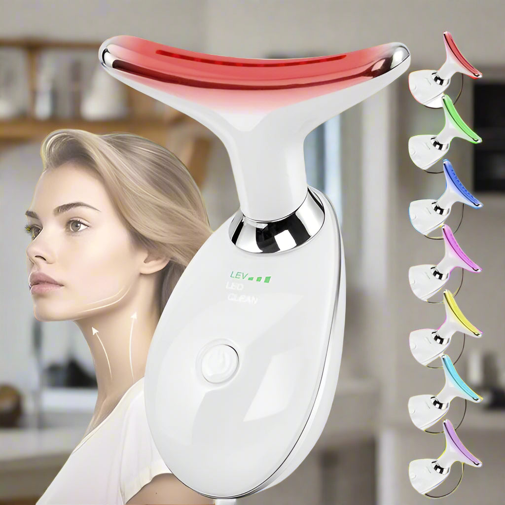 neck beauty device combines vibration technology with a 7-color light therapy system to target neck wrinkles and promote skin vitality