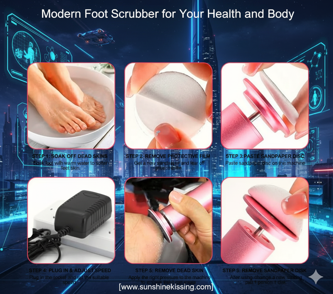 The new electric foot scrubber for removing dead skin and calluses from the feet and soles, a foot care machine pedicure device Health