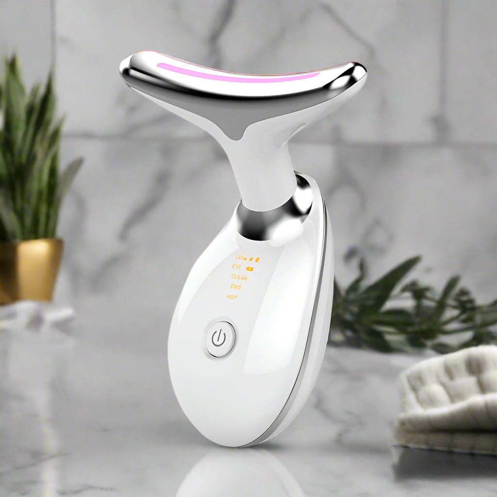 neck beauty device combines vibration technology with a 7-color light therapy system to target neck wrinkles and promote skin vitality